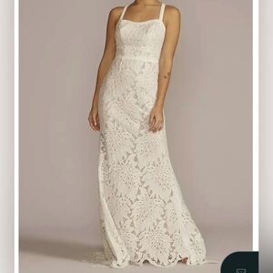 DB Studio Floral Lace Halter Sheath Wedding Gown Ivory Cream size 14